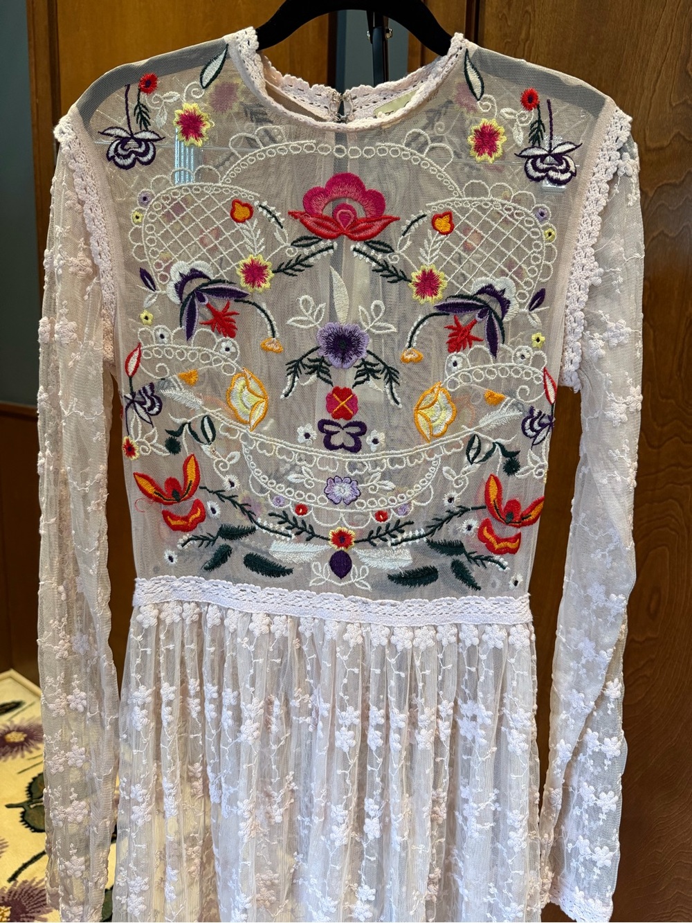White Embroidered Lace Maxi Dress with Multicolor Floral Detail